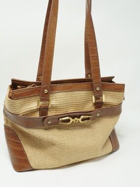 Vintage Etienne Aigner straw tote bag with crocodile-embossed leather